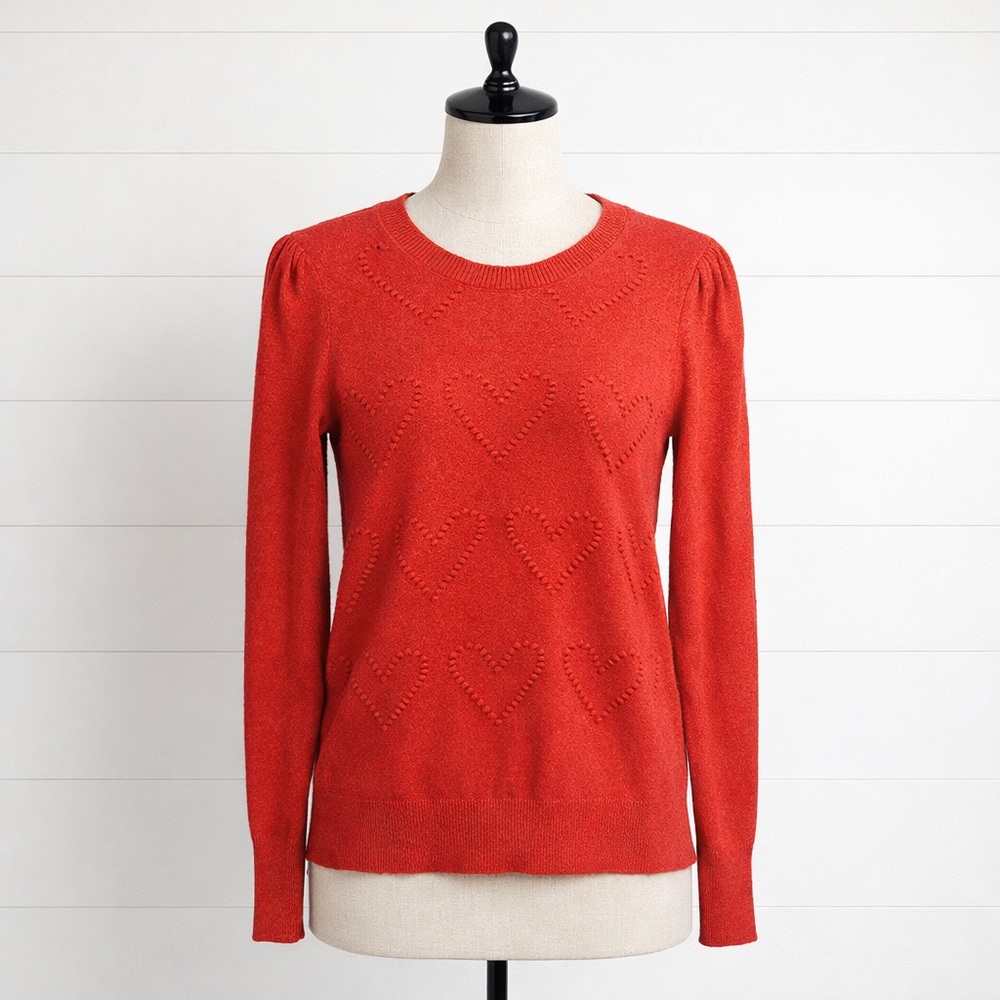LOFT - Heart Knit Textured Heart Pattern Crewneck Pullover - Red -  Sz M
